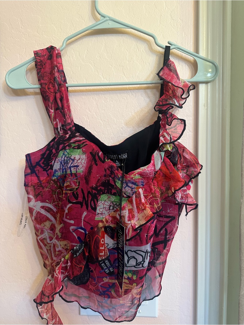 Dolls Kill Current Mood Pink Graffiti Ruffle Camisole NWT